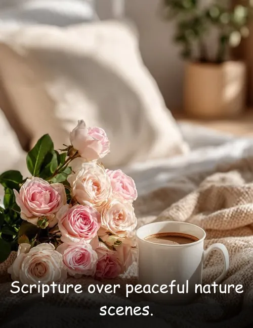 Scripture over peaceful nature scenes.