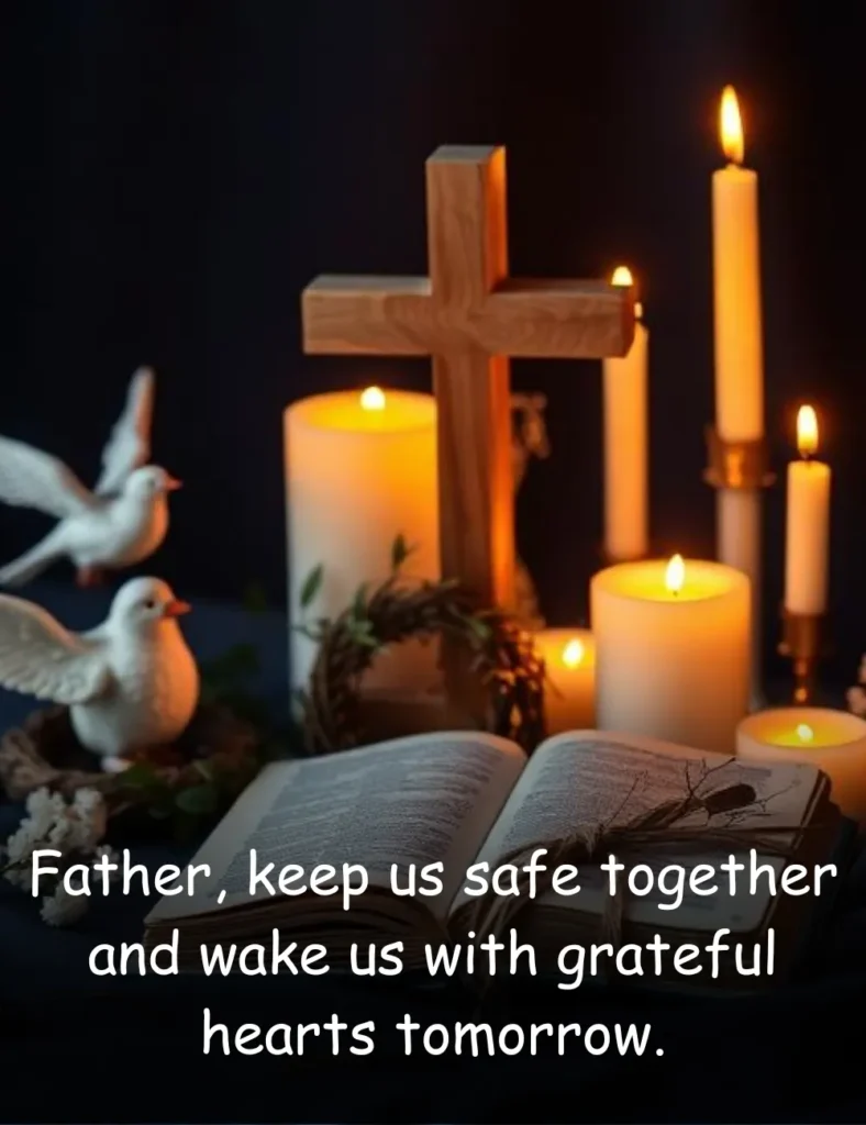 Father, keep us safe together and wake us with grateful hearts tomorrow.
